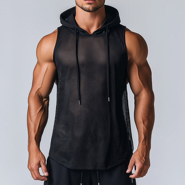 Men's Breathable Hooded Tank Top | Summer Hollow Mesh | Lightweight Activewear | Sleeveless Design | Trendy Cool Fabric | Stylish Casual Top | Perfect for Warm Weather