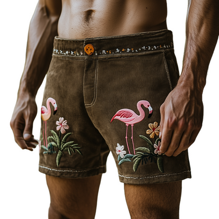 Men's Summer Hawaiian Embroidered Thin Suede Shorts | Casual Relaxed Fit | Lightweight Breathable Fabric | Functional Pockets | Versatile Style | Easy Care | Perfect for Beach & BBQ