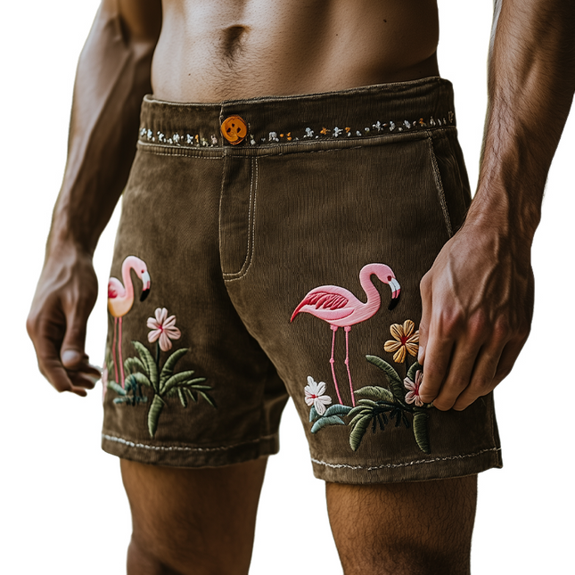 Men's Summer Hawaiian Embroidered Thin Suede Shorts | Casual Relaxed Fit | Lightweight Breathable Fabric | Functional Pockets | Versatile Style | Easy Care | Perfect for Beach & BBQ