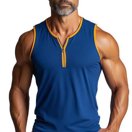 Men's V-Neck Zipper Sports Tank Top | Summer Fashion | Contrast Color | Breathable Fabric | Flexible Fit | Casual & Athletic Wear