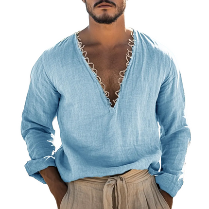 Men's V Neck Long Sleeve Shirt | Solid Cotton Linen Blend | Casual Comfortable Top | Premium Breathable Material | Versatile Stylish Design | Regular Fit | Ideal for All Seasons | Multiple Sizes Available