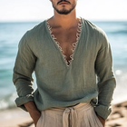 Men's V Neck Long Sleeve Shirt | Solid Cotton Linen Blend | Casual Comfortable Top | Premium Breathable Material | Versatile Stylish Design | Regular Fit | Ideal for All Seasons | Multiple Sizes Available