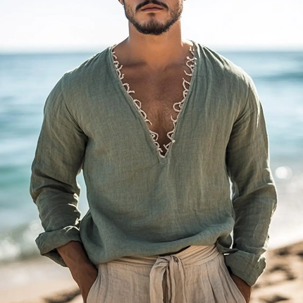 Men's V Neck Long Sleeve Shirt | Solid Cotton Linen Blend | Casual Comfortable Top | Premium Breathable Material | Versatile Stylish Design | Regular Fit | Ideal for All Seasons | Multiple Sizes Available
