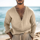 Men's V Neck Long Sleeve Shirt | Solid Cotton Linen Blend | Casual Comfortable Top | Premium Breathable Material | Versatile Stylish Design | Regular Fit | Ideal for All Seasons | Multiple Sizes Available