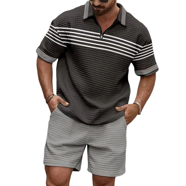 Men's Summer Waffle Polo Shirt & Shorts Set | Business Casual | Cotton Blend | Lightweight & Breathable | Short Sleeve Polo with Button-Up Placket | Elastic Waist Shorts with Pockets | Sizes S-3XL