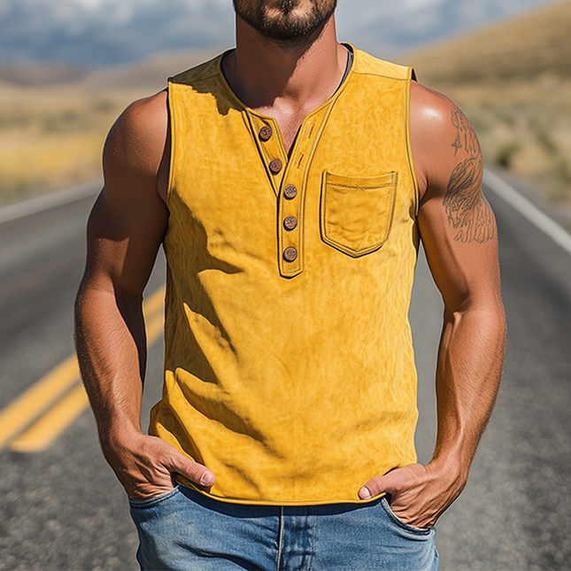 Men's Summer Retro Western V-Neck Slim Fit Suede Tank Top | Casual Fashion | Lightweight Breathable | Stylish | Versatile Layering | Comfortable Thin Material | Chic Modern Design | Summer Wardrobe Essential
