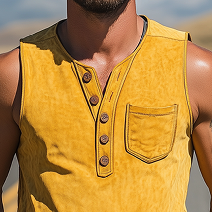 Men's Summer Retro Western V-Neck Slim Fit Suede Tank Top | Casual Fashion | Lightweight Breathable | Stylish | Versatile Layering | Comfortable Thin Material | Chic Modern Design | Summer Wardrobe Essential