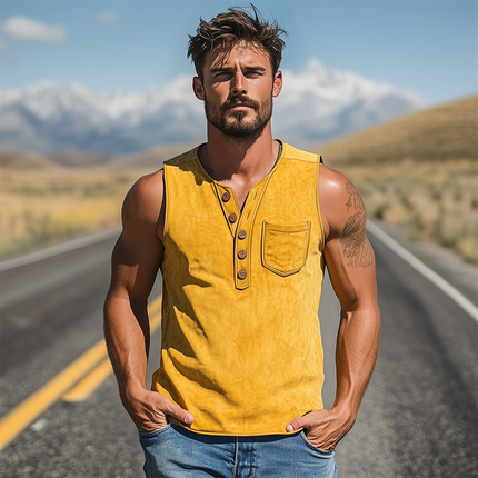 Men's Summer Retro Western V-Neck Slim Fit Suede Tank Top | Casual Fashion | Lightweight Breathable | Stylish | Versatile Layering | Comfortable Thin Material | Chic Modern Design | Summer Wardrobe Essential