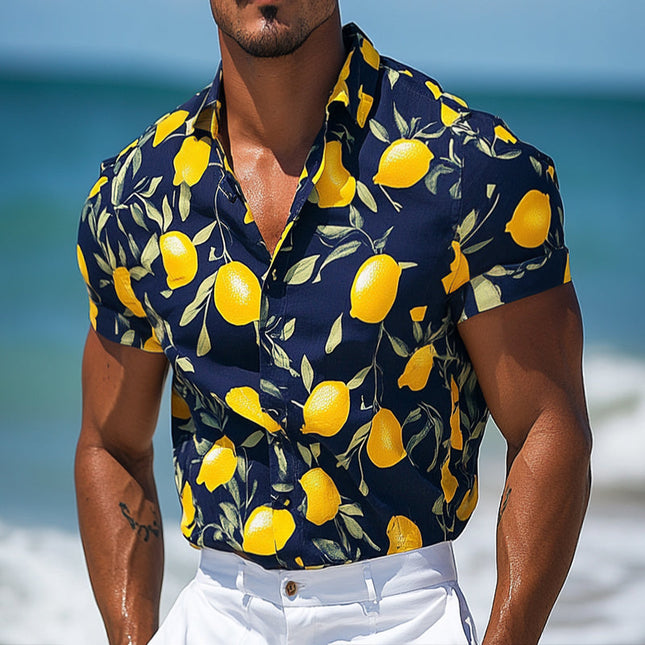 Men's Hawaiian Shirt | Retro Lemon Print | Casual Beachwear | Short Sleeve | Lapel Collar | Lightweight Cotton | Vibrant Summer Style | Comfortable Fit | Perfect for Beach & Outdoor Activities | Sizes S-3XL
