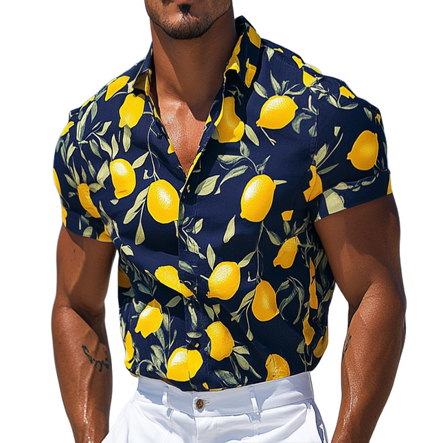 Men's Hawaiian Shirt | Retro Lemon Print | Casual Beachwear | Short Sleeve | Lapel Collar | Lightweight Cotton | Vibrant Summer Style | Comfortable Fit | Perfect for Beach & Outdoor Activities | Sizes S-3XL