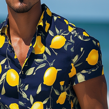 Men's Hawaiian Shirt | Retro Lemon Print | Casual Beachwear | Short Sleeve | Lapel Collar | Lightweight Cotton | Vibrant Summer Style | Comfortable Fit | Perfect for Beach & Outdoor Activities | Sizes S-3XL
