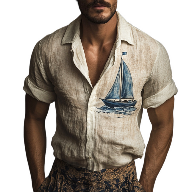 Men's Linen Short Sleeve Shirt | Retro Sailing Print | Casual Lapel Collar | Lightweight & Breathable | Vintage Nautical Style | Comfortable Fit | Spring & Summer Wardrobe | Versatile & Stylish