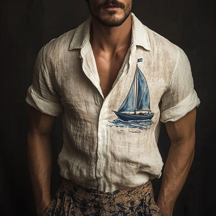 Men's Linen Short Sleeve Shirt | Retro Sailing Print | Casual Lapel Collar | Lightweight & Breathable | Vintage Nautical Style | Comfortable Fit | Spring & Summer Wardrobe | Versatile & Stylish