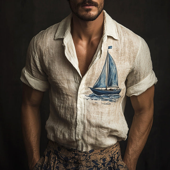 Men's Linen Short Sleeve Shirt | Retro Sailing Print | Casual Lapel Collar | Lightweight & Breathable | Vintage Nautical Style | Comfortable Fit | Spring & Summer Wardrobe | Versatile & Stylish