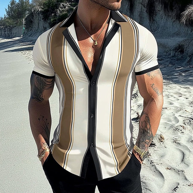 Men's Summer Shirt | Retro Geometric Stripe Print | Casual Beachwear | Short Sleeve | Lapel Collar | Lightweight & Breathable Polyester | Comfortable Fit | Available in Sizes S to 3XL