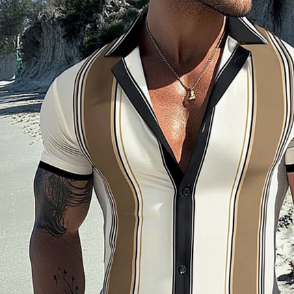 Men's Summer Shirt | Retro Geometric Stripe Print | Casual Beachwear | Short Sleeve | Lapel Collar | Lightweight & Breathable Polyester | Comfortable Fit | Available in Sizes S to 3XL