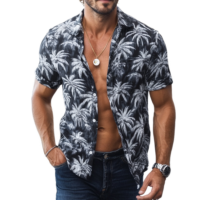 Men's Hawaiian Shirt | Retro Coconut Tree Print | Beach Lapel | Casual Short Sleeve | Breathable Cotton Fabric | Summer Vacation Wear | Sizes S-3XL | Tropical Style for Beach Parties & Gatherings