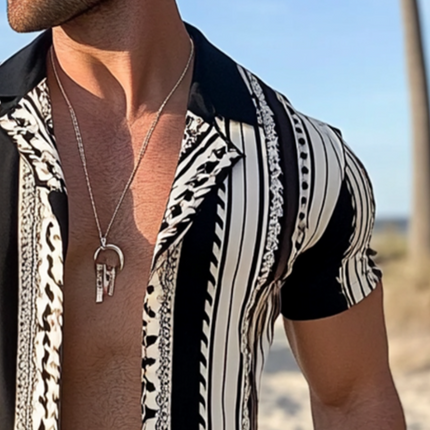 Men's Retro Stripe Print Shirt | Short Sleeve | Geometric Pattern | Lapel Collar | Lightweight Breathable Polyester | Casual Beachwear | Comfortable Fit | Sizes S to 3XL | Spring Summer Fashion