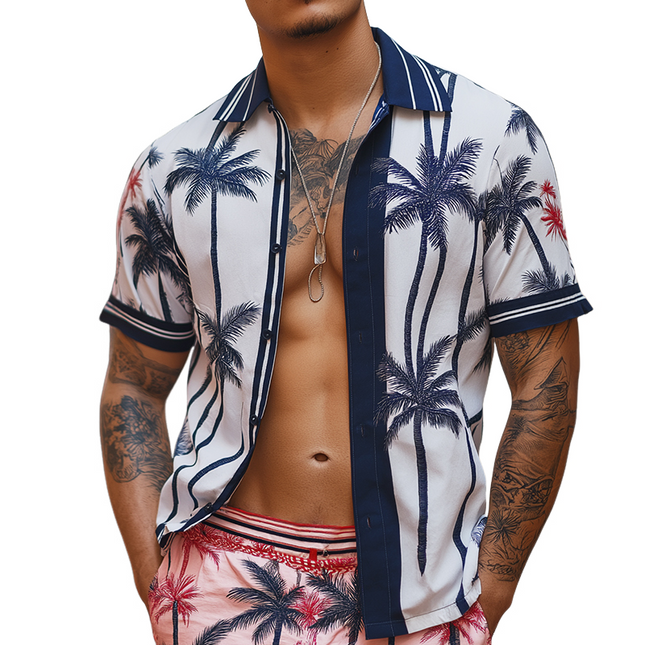 Men's Hawaiian Shirt | Retro Casual Coconut Tree Print | Short Sleeve Lapel | Lightweight Cotton Beachwear | Summer Vacation Essential | Tropical Beach Party Outfit | Sizes S-3XL