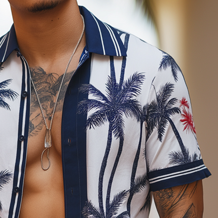 Men's Hawaiian Shirt | Retro Casual Coconut Tree Print | Short Sleeve Lapel | Lightweight Cotton Beachwear | Summer Vacation Essential | Tropical Beach Party Outfit | Sizes S-3XL