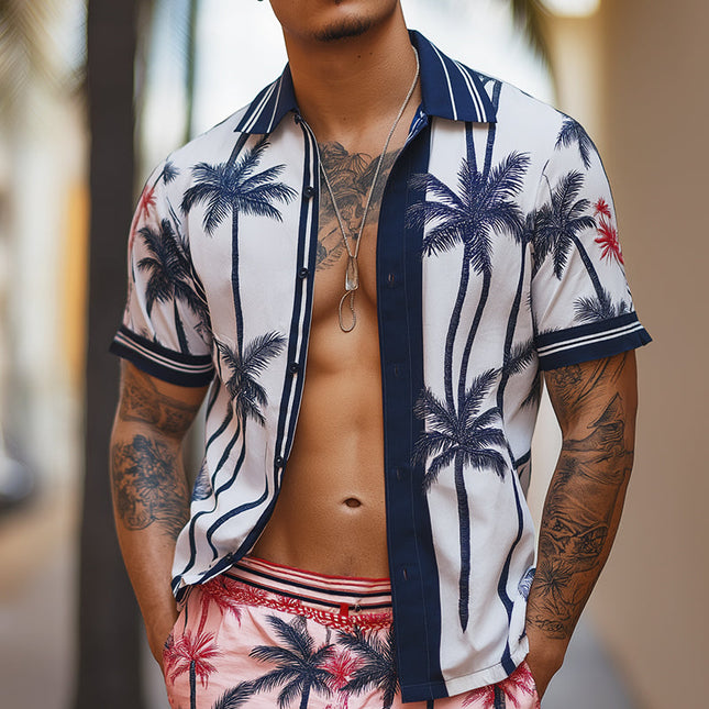 Men's Hawaiian Shirt | Retro Casual Coconut Tree Print | Short Sleeve Lapel | Lightweight Cotton Beachwear | Summer Vacation Essential | Tropical Beach Party Outfit | Sizes S-3XL