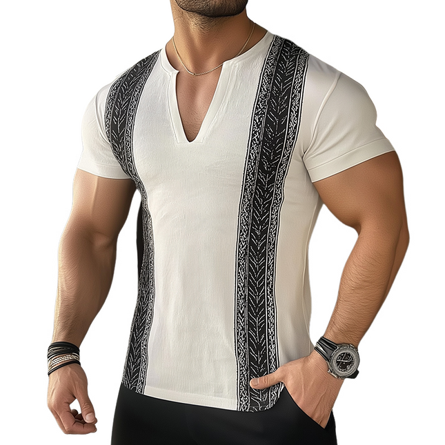 Men's Ethnic Style V-Neck T-Shirt | Retro Casual Printed Short Sleeve Tee | Cotton | Comfortable Breathable Fit | Cultural Motifs | Fashion for Spring Summer | Sizes S-3XL | Elevated Casual Wear