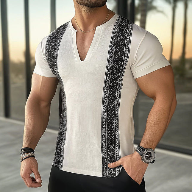 Men's Ethnic Style V-Neck T-Shirt | Retro Casual Printed Short Sleeve Tee | Cotton | Comfortable Breathable Fit | Cultural Motifs | Fashion for Spring Summer | Sizes S-3XL | Elevated Casual Wear