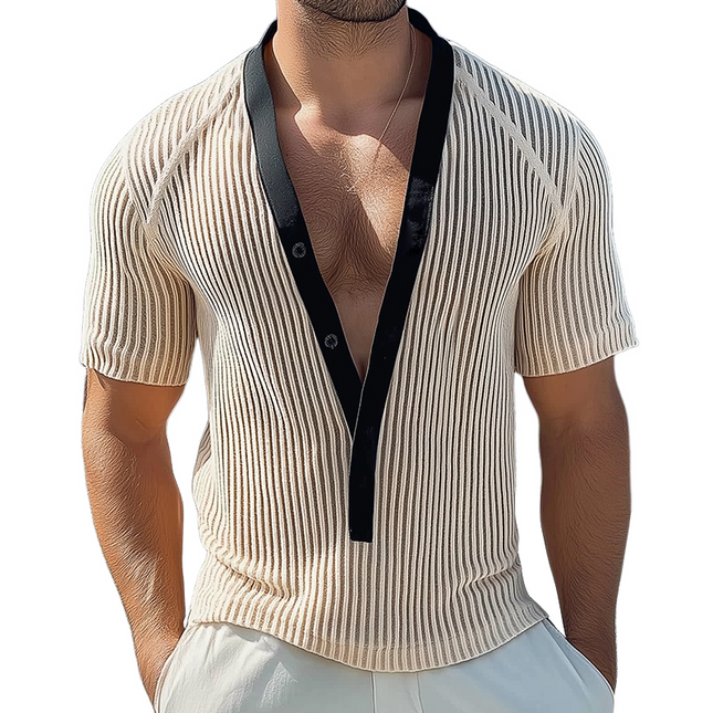 Men's Retro Casual Shirt | Mesh Knit Fabric | Collarless Design | Short Sleeve | Breathable & Lightweight | Perfect for Spring, Summer & Early Autumn | Stylish & Comfortable | Sizes S-3XL | Ideal for Casual Outings