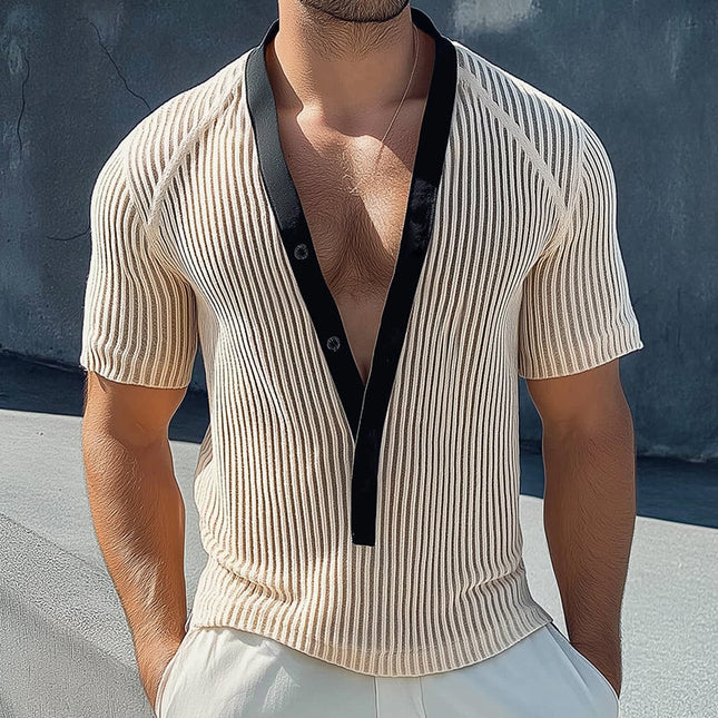 Men's Retro Casual Shirt | Mesh Knit Fabric | Collarless Design | Short Sleeve | Breathable & Lightweight | Perfect for Spring, Summer & Early Autumn | Stylish & Comfortable | Sizes S-3XL | Ideal for Casual Outings