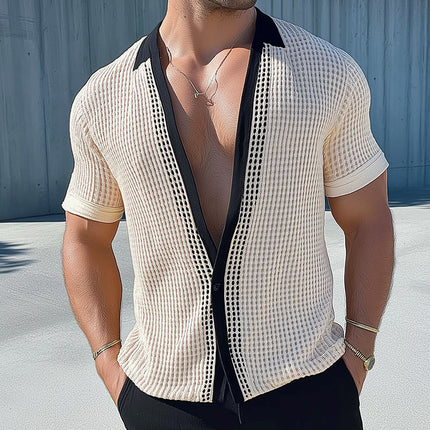 Men's Short Sleeve Mesh Knit Shirt | Retro Collarless Casual Top | Breathable Summer Wear | Lightweight Vintage Style | Fashionable Relaxed Fit | Available in S to 3XL | Ideal for Spring & Summer