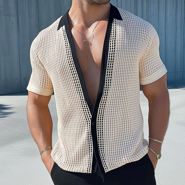 Men's Short Sleeve Mesh Knit Shirt | Retro Collarless Casual Top | Breathable Summer Wear | Lightweight Vintage Style | Fashionable Relaxed Fit | Available in S to 3XL | Ideal for Spring & Summer