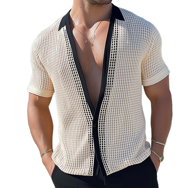 Men's Short Sleeve Mesh Knit Shirt | Retro Collarless Casual Top | Breathable Summer Wear | Lightweight Vintage Style | Fashionable Relaxed Fit | Available in S to 3XL | Ideal for Spring & Summer