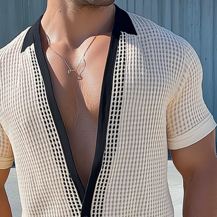 Men's Short Sleeve Mesh Knit Shirt | Retro Collarless Casual Top | Breathable Summer Wear | Lightweight Vintage Style | Fashionable Relaxed Fit | Available in S to 3XL | Ideal for Spring & Summer