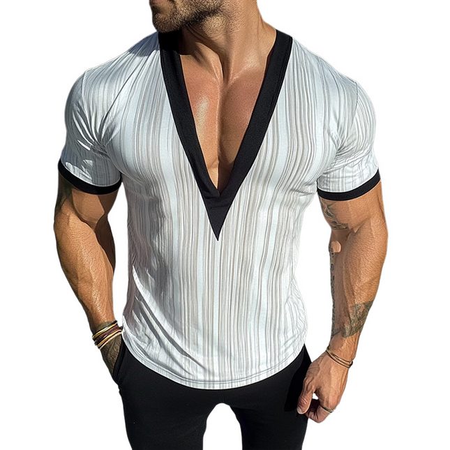 Men's Retro Striped V-Neck T-Shirt | Casual Short Sleeve | Soft Cotton Blend | Breathable Summer Tee | Stylish Modern Fit | Versatile Everyday Wear | Classic Stripes | Multiple Sizes | Ideal for Spring & Summer