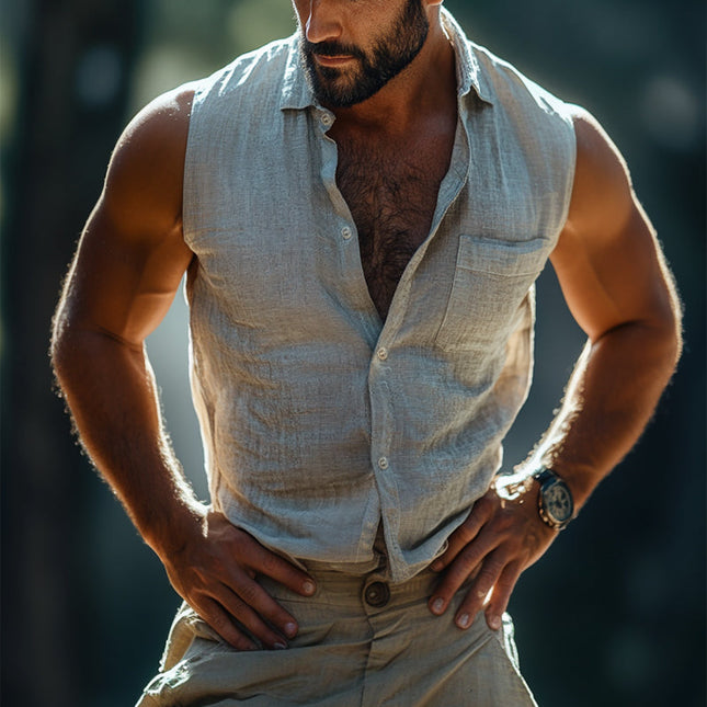 Men's Vintage Sleeveless Linen Shirt | Casual Lumberjack Style | Lapel Collar | Breathable Pocket Design | Lightweight Summer Apparel | Ideal for Spring | Multiple Sizes Available