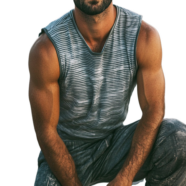 Men's Vintage Shabby Stripe Sleeveless Shirt | Retro Casual Crew Neck Tank Top | Breathable Cotton Blend | Sizes S-3XL | Perfect for Summer Beach and Gym | Versatile Layering for Casual Outings