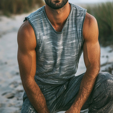 Men's Vintage Shabby Stripe Sleeveless Shirt | Retro Casual Crew Neck Tank Top | Breathable Cotton Blend | Sizes S-3XL | Perfect for Summer Beach and Gym | Versatile Layering for Casual Outings