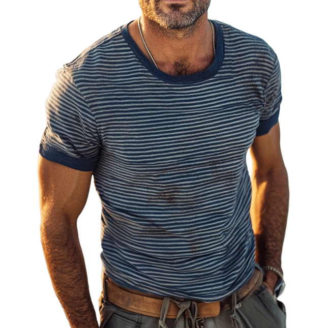 Men's Retro Casual T-Shirt | Shabby Striped Print | Round Neck | Short Sleeve | Cotton Comfort | Vintage Style | Breathable Fabric | Versatile Spring Summer | Available in S to 3XL Sizes