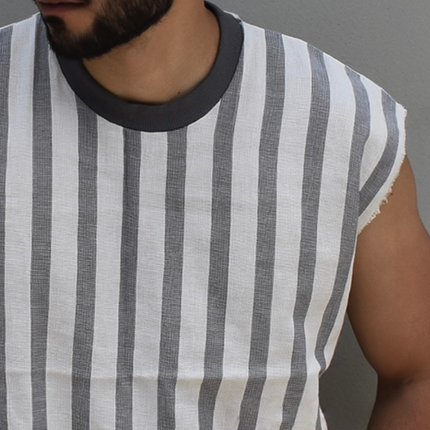Men's Striped Linen Tank Top | Retro Casual Sleeveless Shirt | Round Neck | Summer Beach Wear | Breathable Fabric | Vintage Style | Multiple Sizes