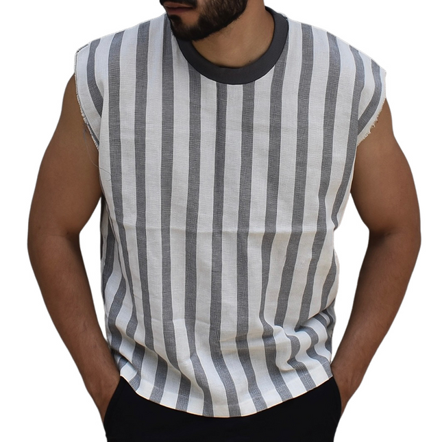 Men's Striped Linen Tank Top | Retro Casual Sleeveless Shirt | Round Neck | Summer Beach Wear | Breathable Fabric | Vintage Style | Multiple Sizes