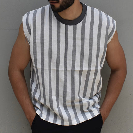 Men's Striped Linen Tank Top | Retro Casual Sleeveless Shirt | Round Neck | Summer Beach Wear | Breathable Fabric | Vintage Style | Multiple Sizes