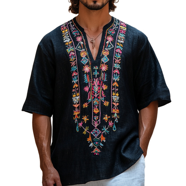 Men's Aztec Embroidered V-Neck Linen Shirt | Retro Casual Short Sleeve | Breathable Summer Top
