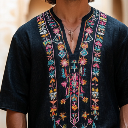 Men's Aztec Embroidered V-Neck Linen Shirt | Retro Casual Short Sleeve | Breathable Summer Top