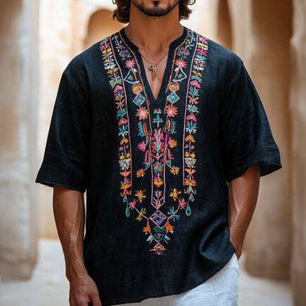 Men's Aztec Embroidered V-Neck Linen Shirt | Retro Casual Short Sleeve | Breathable Summer Top