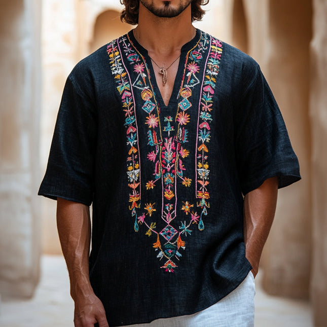 Men's Aztec Embroidered V-Neck Linen Shirt | Retro Casual Short Sleeve | Breathable Summer Top