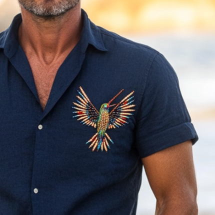 Men's Retro Hummingbird Beaded Linen Shirt | Handmade Casual Short Sleeve | Lightweight Lapel Collar | S-3XL | Breathable Summer Top