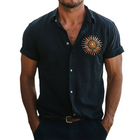 Men's Linen Lapel Shirt | Retro Casual Design | Handmade Beading | Short Sleeve Sun Motif | Lightweight & Breathable | Relaxed Fit | Spring & Summer Fashion
