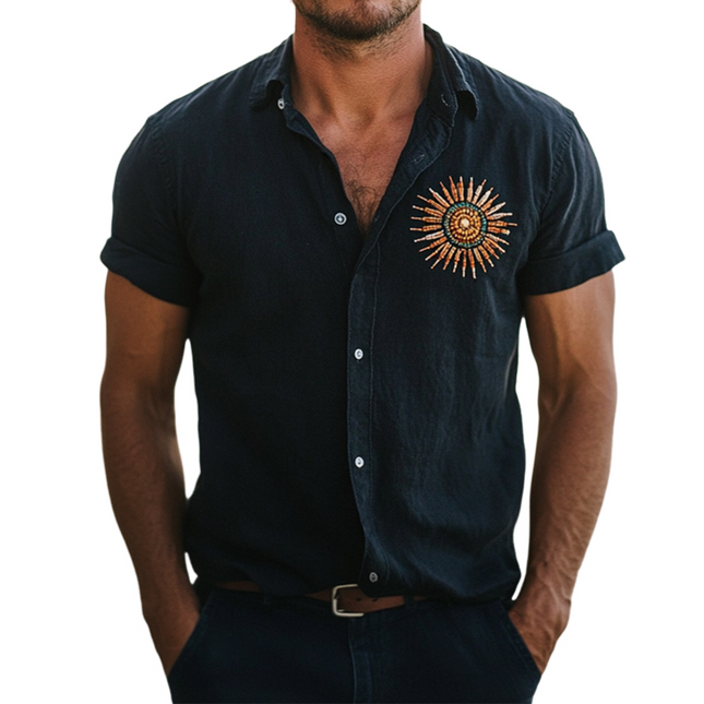 Men's Linen Lapel Shirt | Retro Casual Design | Handmade Beading | Short Sleeve Sun Motif | Lightweight & Breathable | Relaxed Fit | Spring & Summer Fashion