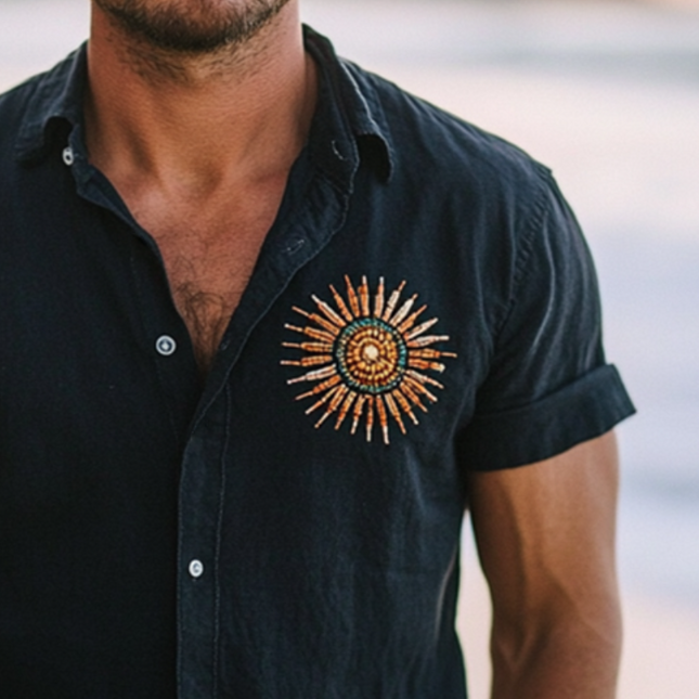 Men's Linen Lapel Shirt | Retro Casual Design | Handmade Beading | Short Sleeve Sun Motif | Lightweight & Breathable | Relaxed Fit | Spring & Summer Fashion