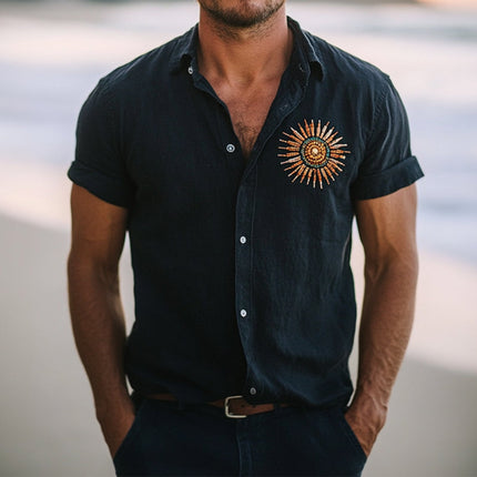 Men's Linen Lapel Shirt | Retro Casual Design | Handmade Beading | Short Sleeve Sun Motif | Lightweight & Breathable | Relaxed Fit | Spring & Summer Fashion